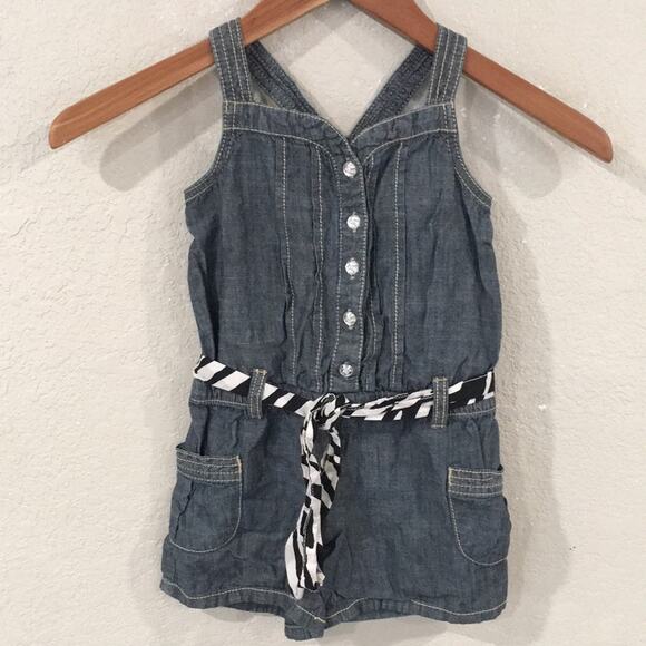 Gymboree Girls 4 Romper Pleated Lightweight Denim‎ 100% Cotton Preppy Zebra Belt - Picture 1 of 12
